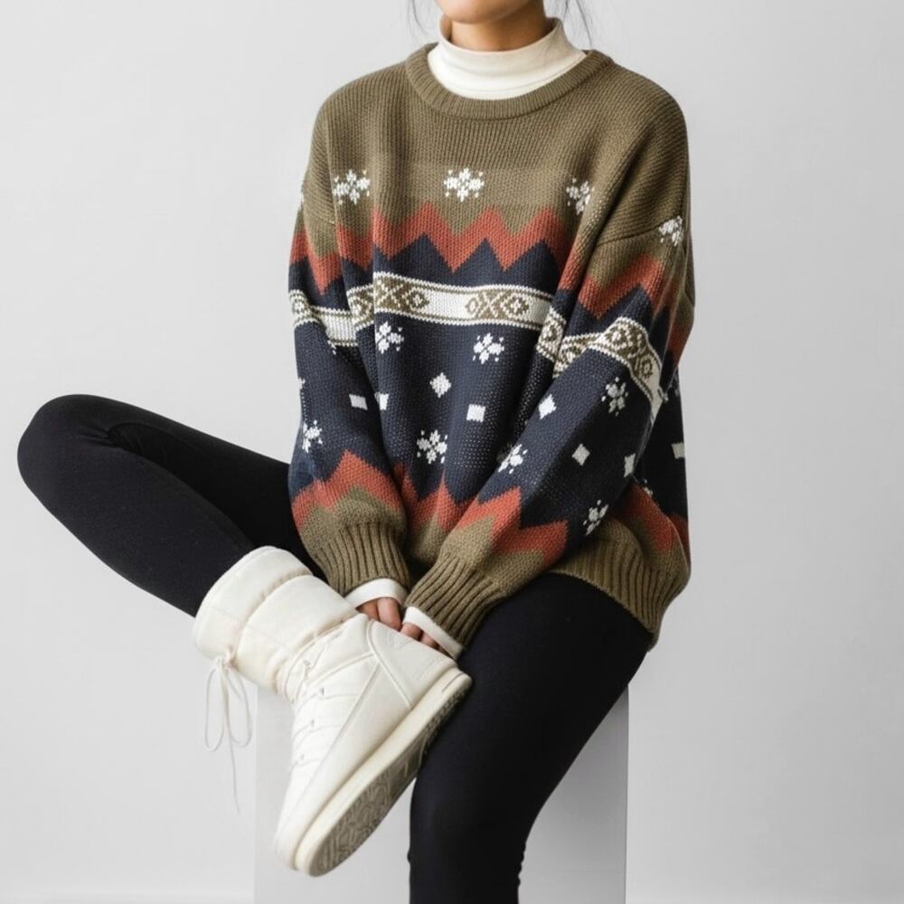 90s Southwestern Earthy Sweater Lodge Cabincore Americana Olive Rust Burnt L